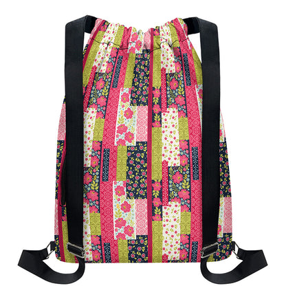 Pink Flower Patchwork Pattern Print Drawstring Backpack