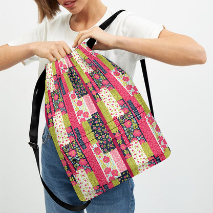 Pink Flower Patchwork Pattern Print Drawstring Backpack