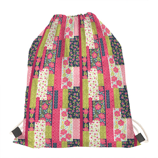 Pink Flower Patchwork Pattern Print Drawstring Bag