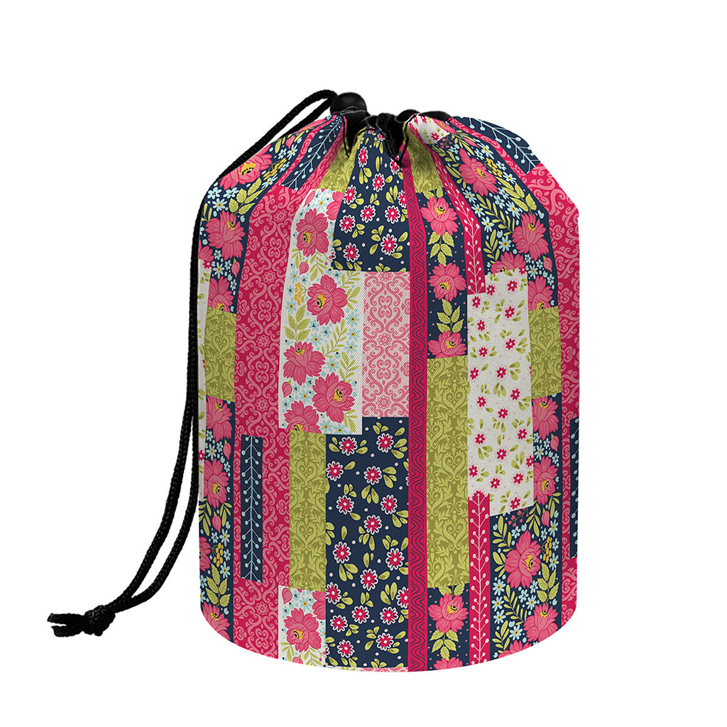Pink Flower Patchwork Pattern Print Drawstring Makeup Bag