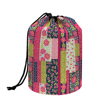 Pink Flower Patchwork Pattern Print Drawstring Makeup Bag