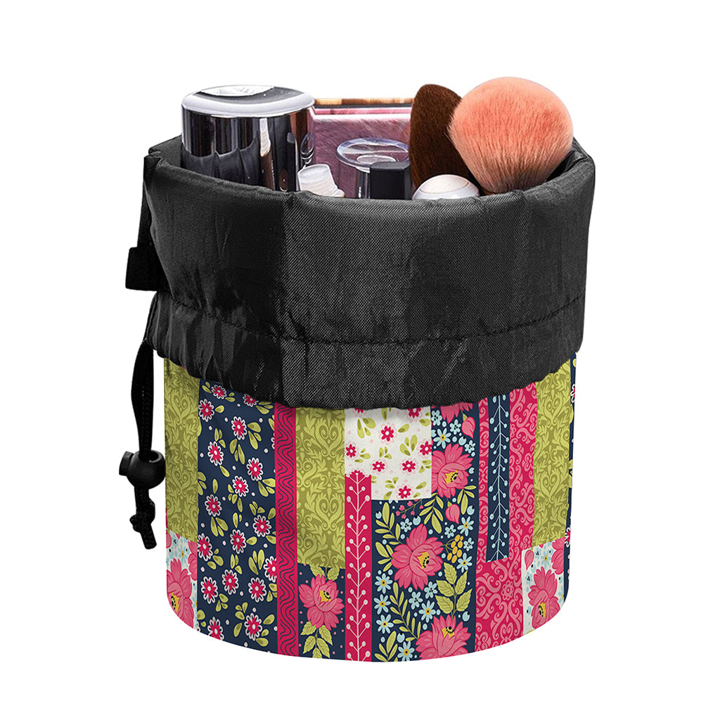 Pink Flower Patchwork Pattern Print Drawstring Makeup Bag