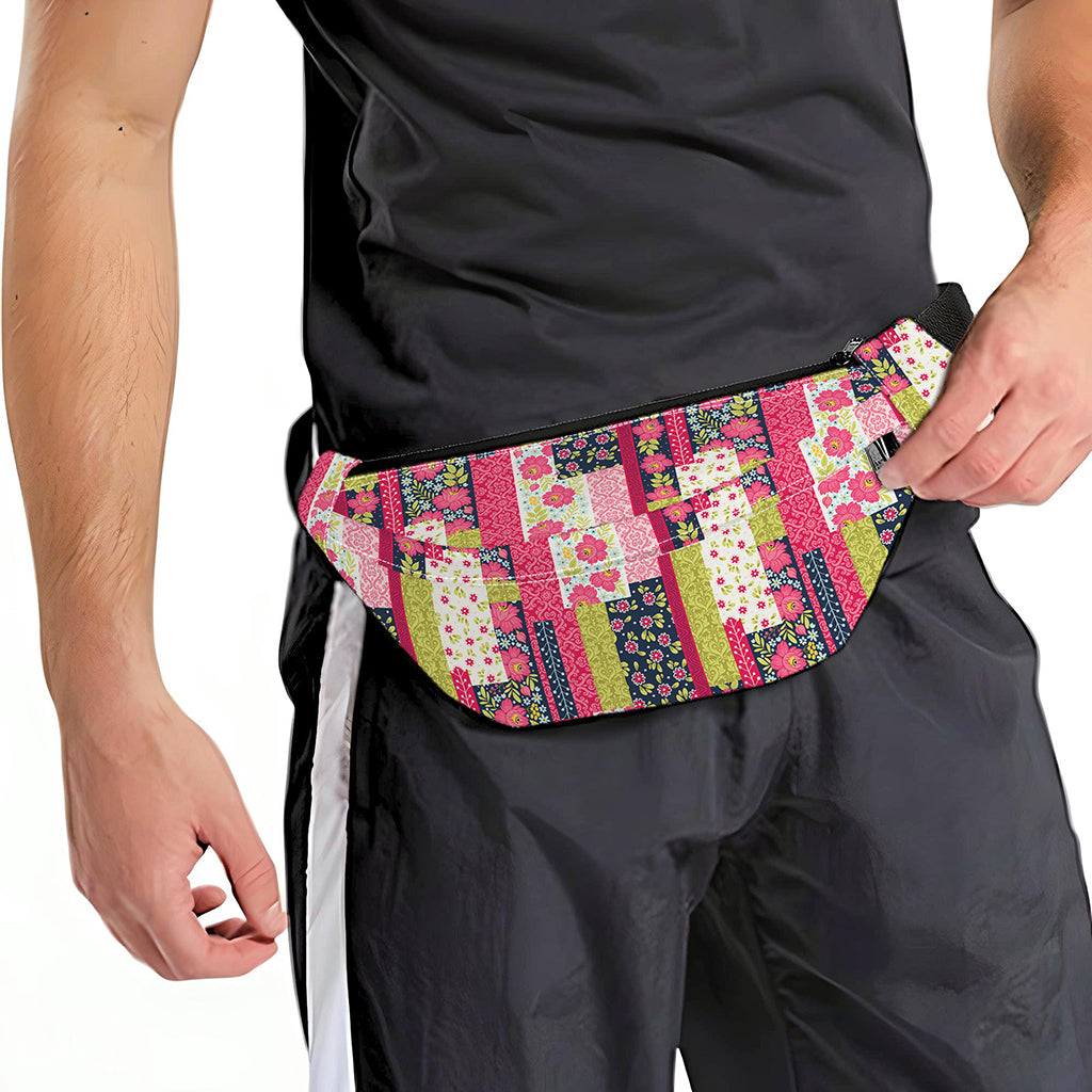 Pink Flower Patchwork Pattern Print Fanny Pack