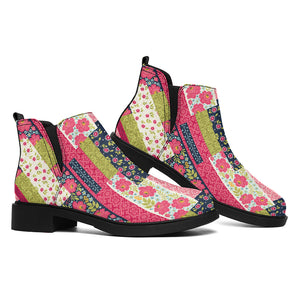 Pink Flower Patchwork Pattern Print Flat Ankle Boots