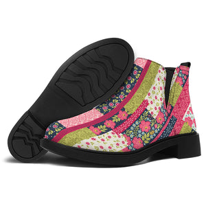 Pink Flower Patchwork Pattern Print Flat Ankle Boots