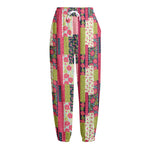 Pink Flower Patchwork Pattern Print Fleece Lined Knit Pants