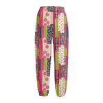 Pink Flower Patchwork Pattern Print Fleece Lined Knit Pants