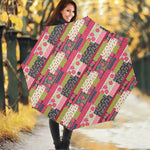 Pink Flower Patchwork Pattern Print Foldable Umbrella