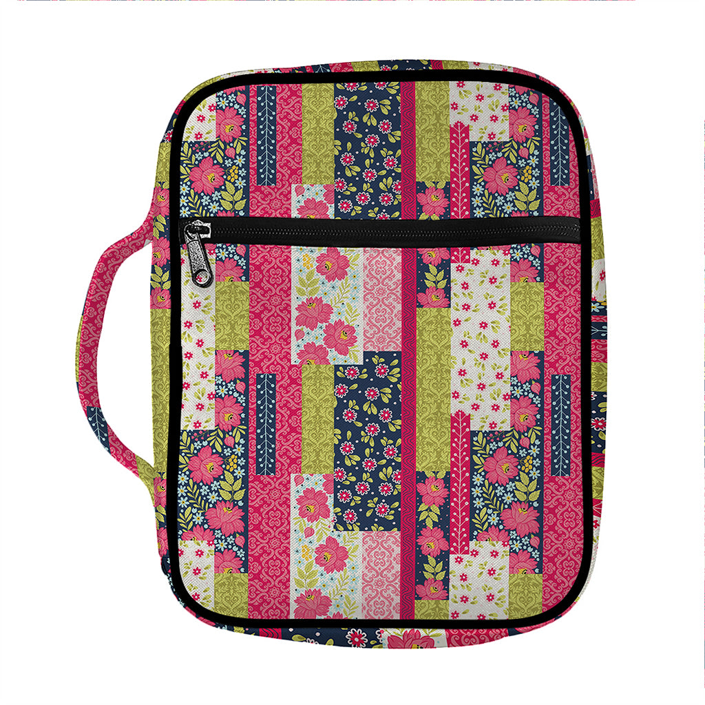 Pink Flower Patchwork Pattern Print Front Pocket Bible Bag