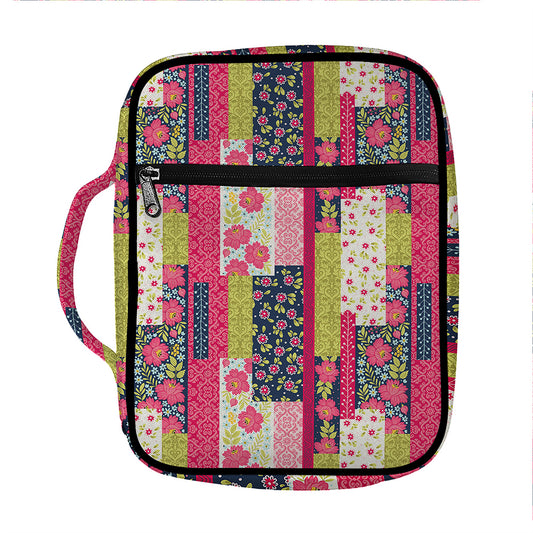 Pink Flower Patchwork Pattern Print Front Pocket Bible Bag