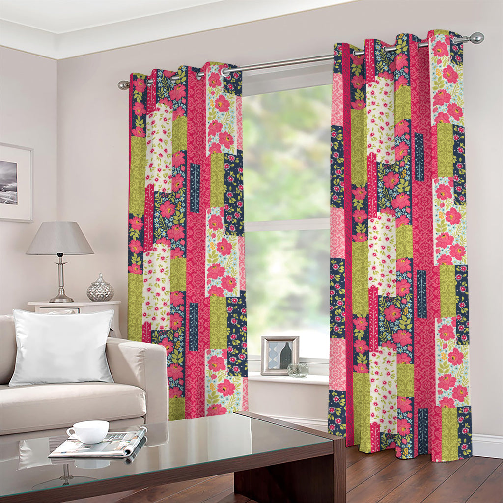 Pink Flower Patchwork Pattern Print Grommet Curtains