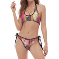 Pink Flower Patchwork Pattern Print Halter Scoop Tie Side Bikini