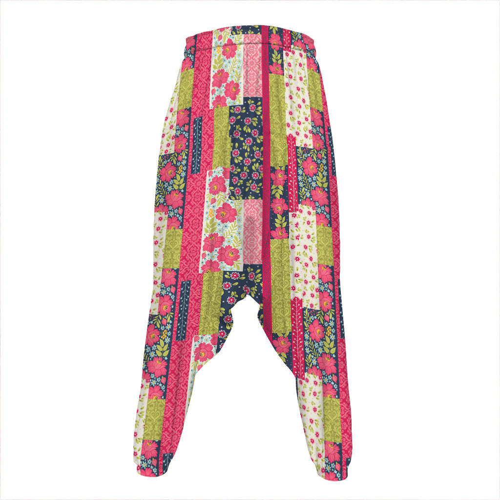 Pink Flower Patchwork Pattern Print Hammer Pants