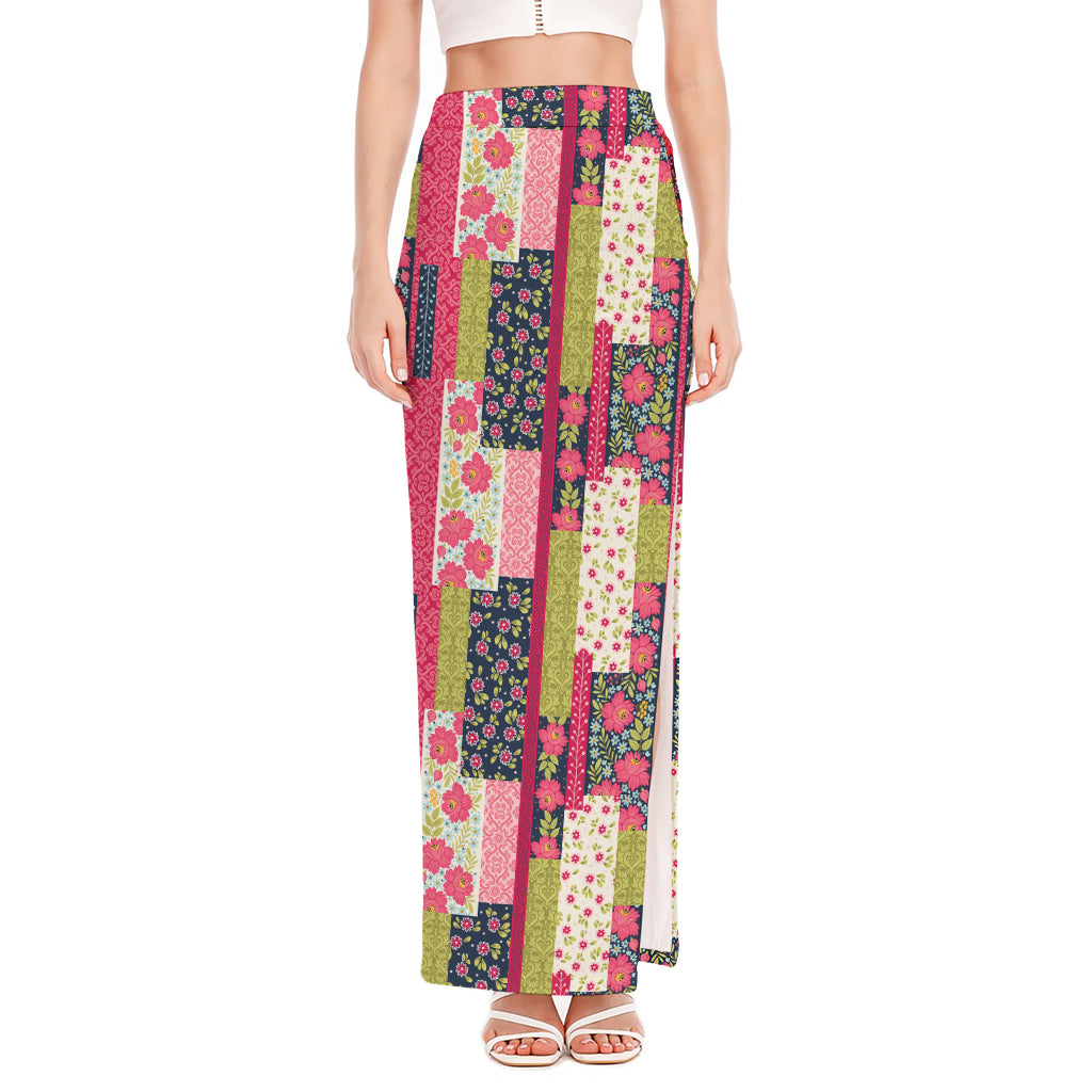 Pink Flower Patchwork Pattern Print High Slit Maxi Skirt