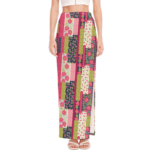 Pink Flower Patchwork Pattern Print High Slit Maxi Skirt