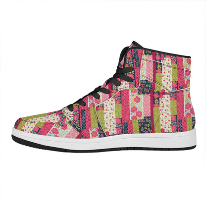 Pink Flower Patchwork Pattern Print High Top Leather Sneakers