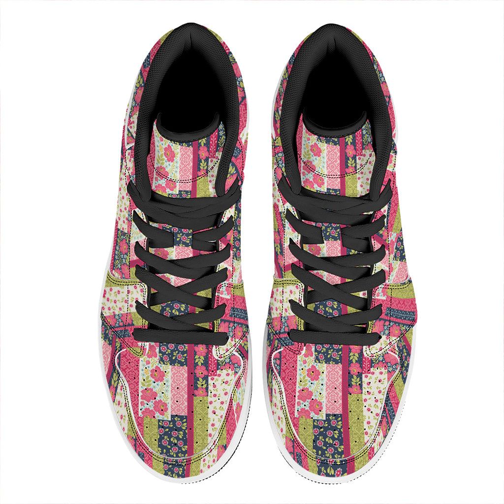 Pink Flower Patchwork Pattern Print High Top Leather Sneakers