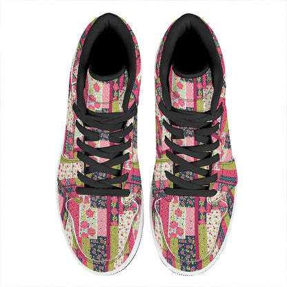 Pink Flower Patchwork Pattern Print High Top Leather Sneakers