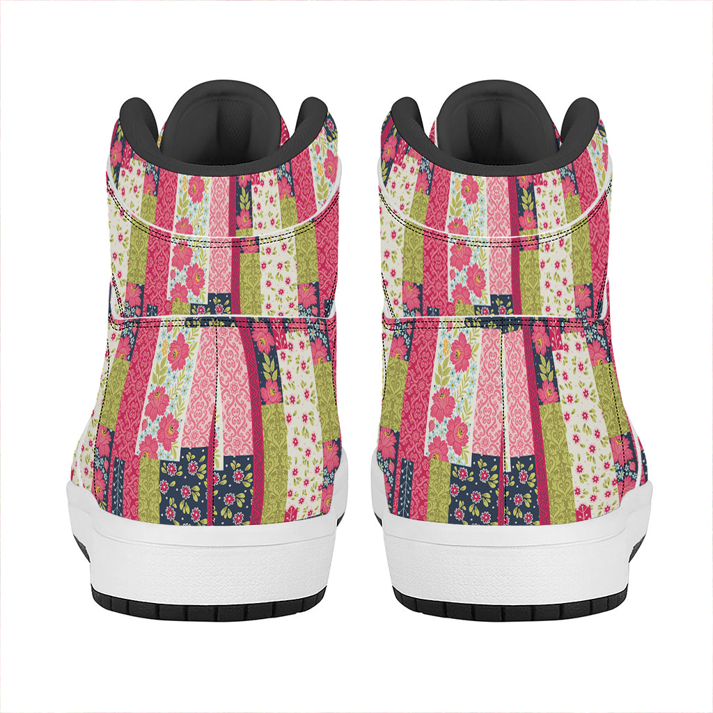 Pink Flower Patchwork Pattern Print High Top Leather Sneakers