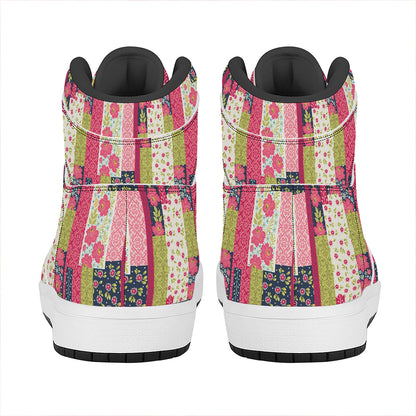 Pink Flower Patchwork Pattern Print High Top Leather Sneakers