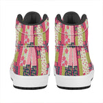 Pink Flower Patchwork Pattern Print High Top Leather Sneakers