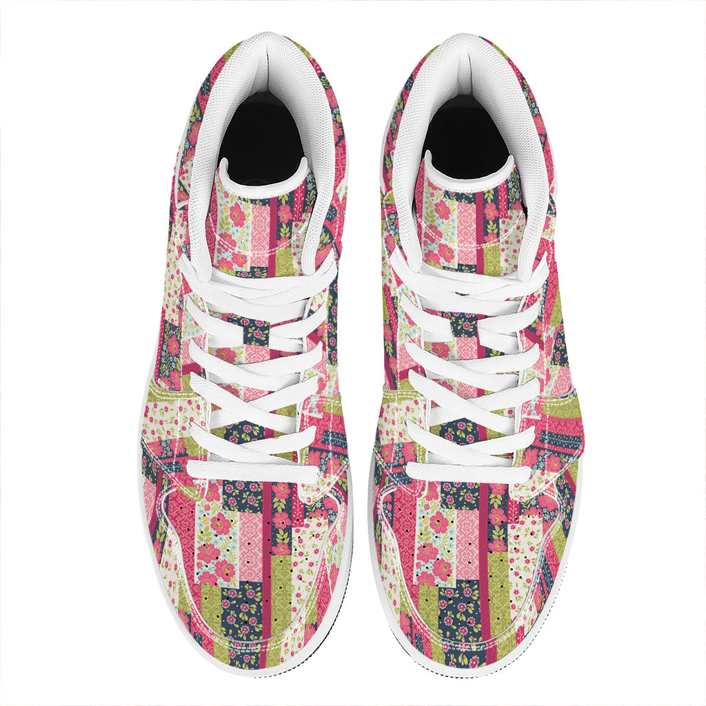 Pink Flower Patchwork Pattern Print High Top Leather Sneakers