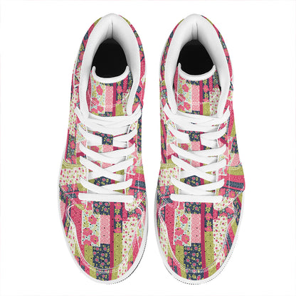 Pink Flower Patchwork Pattern Print High Top Leather Sneakers