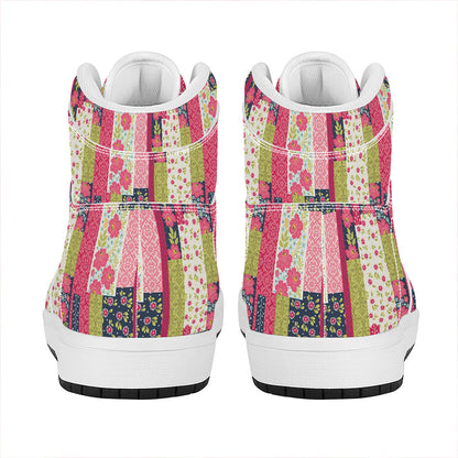 Pink Flower Patchwork Pattern Print High Top Leather Sneakers