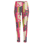 Pink Flower Patchwork Pattern Print High-Waisted Pocket Leggings