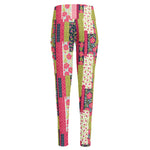 Pink Flower Patchwork Pattern Print High-Waisted Pocket Leggings