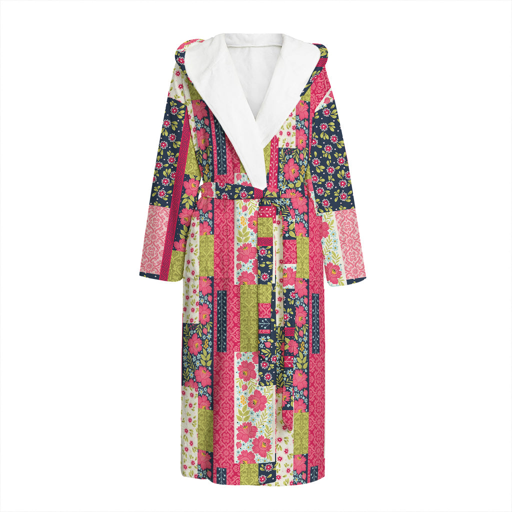 Pink Flower Patchwork Pattern Print Hooded Bathrobe
