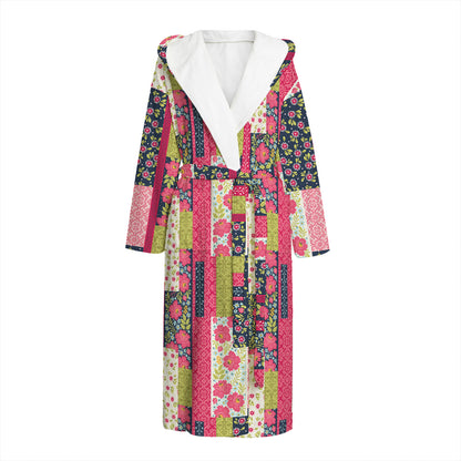 Pink Flower Patchwork Pattern Print Hooded Bathrobe