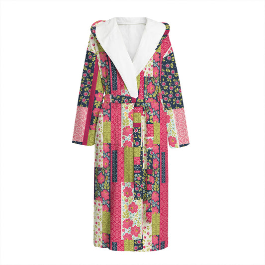 Pink Flower Patchwork Pattern Print Hooded Bathrobe
