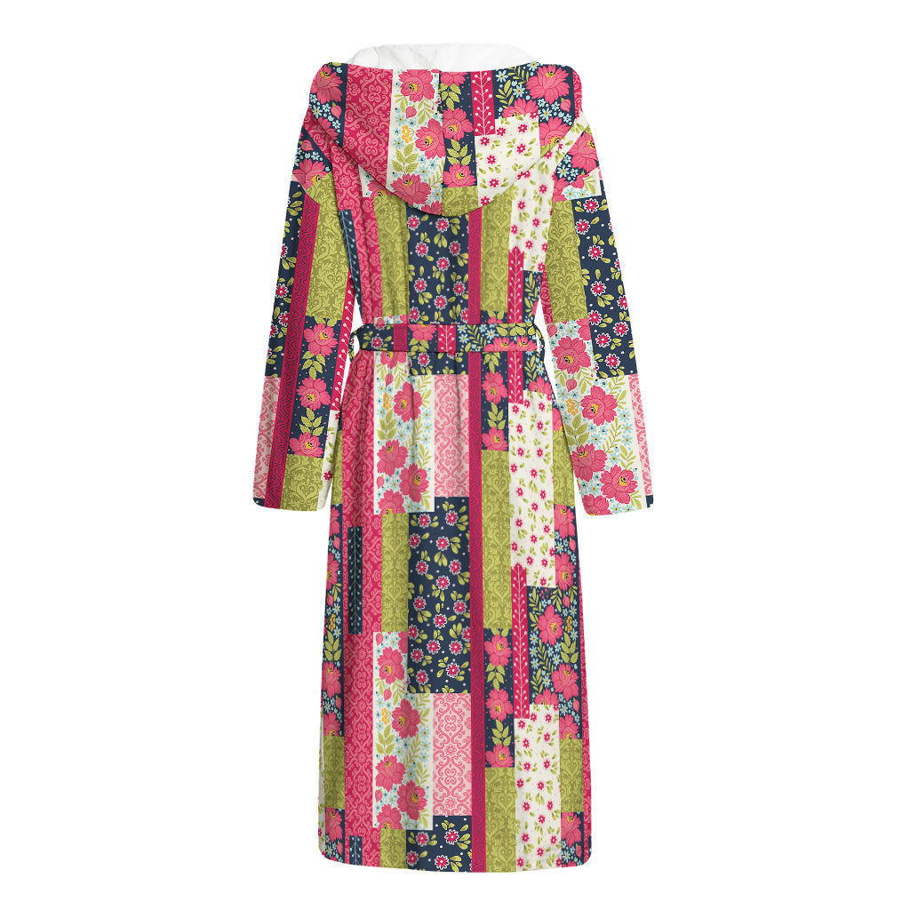 Pink Flower Patchwork Pattern Print Hooded Bathrobe