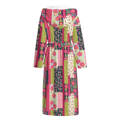 Pink Flower Patchwork Pattern Print Hooded Bathrobe