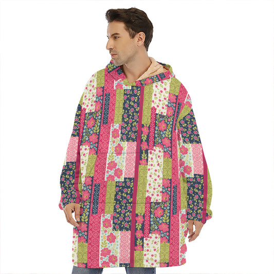 Pink Flower Patchwork Pattern Print Hoodie Blanket