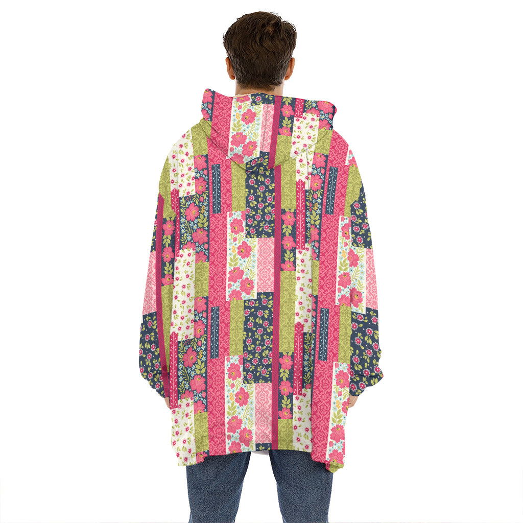 Pink Flower Patchwork Pattern Print Hoodie Blanket