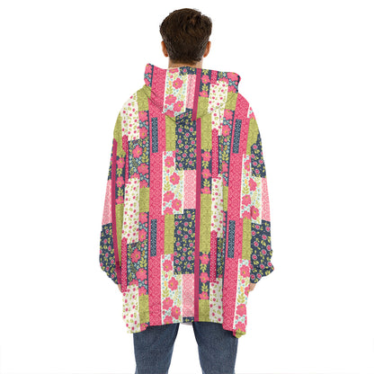 Pink Flower Patchwork Pattern Print Hoodie Blanket