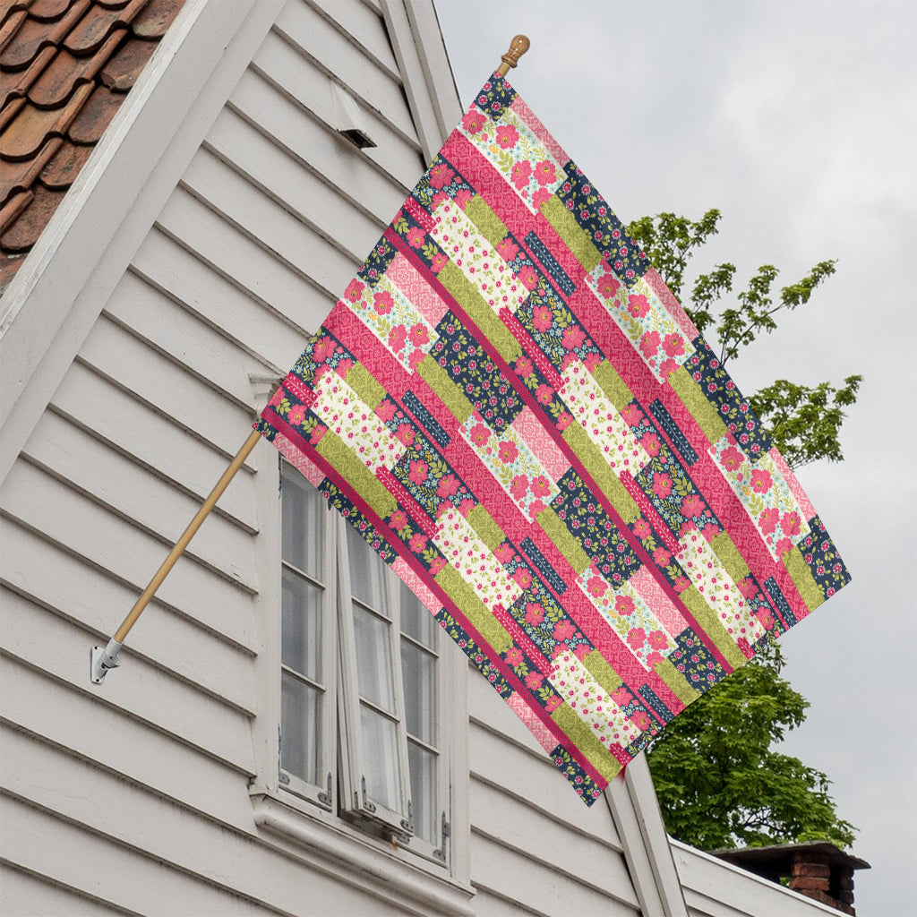 Pink Flower Patchwork Pattern Print House Flag