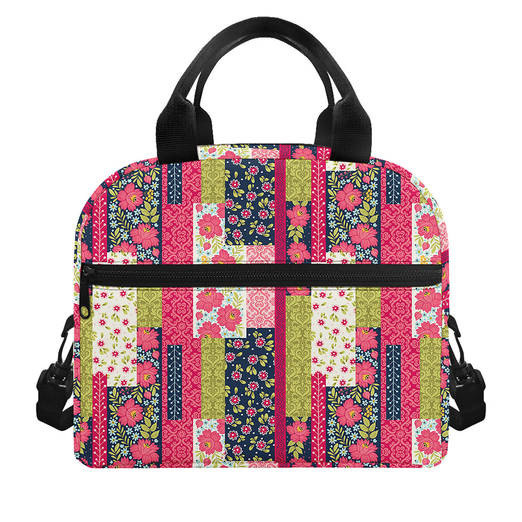 Pink Flower Patchwork Pattern Print Insulated Lunch Bag