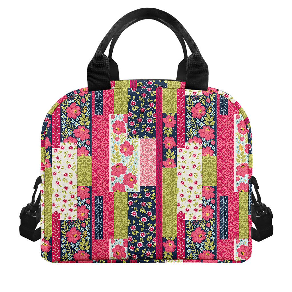Pink Flower Patchwork Pattern Print Insulated Lunch Bag