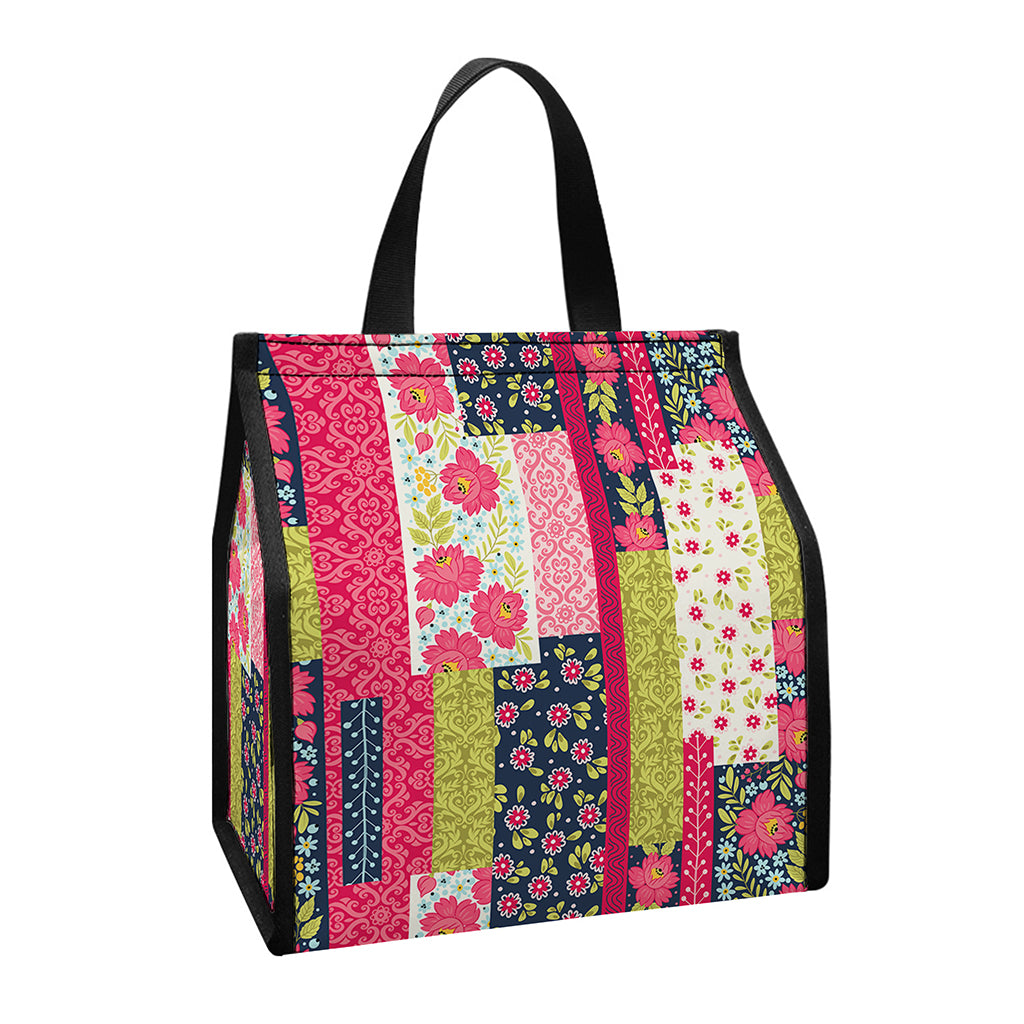 Pink Flower Patchwork Pattern Print Insulated Lunch Tote