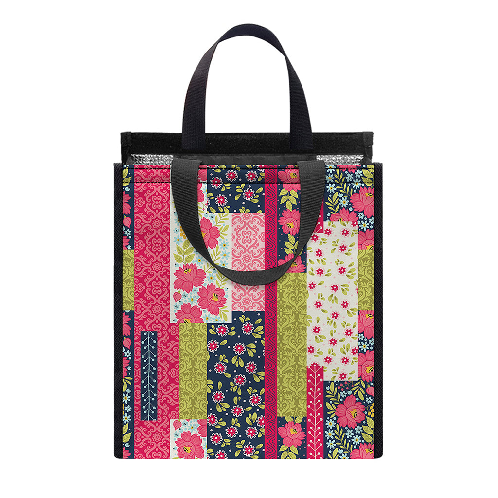Pink Flower Patchwork Pattern Print Insulated Lunch Tote