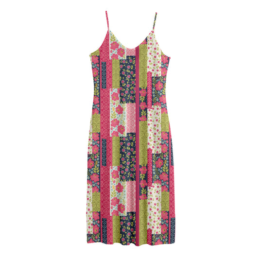 Pink Flower Patchwork Pattern Print Jersey Midi Cami Dress