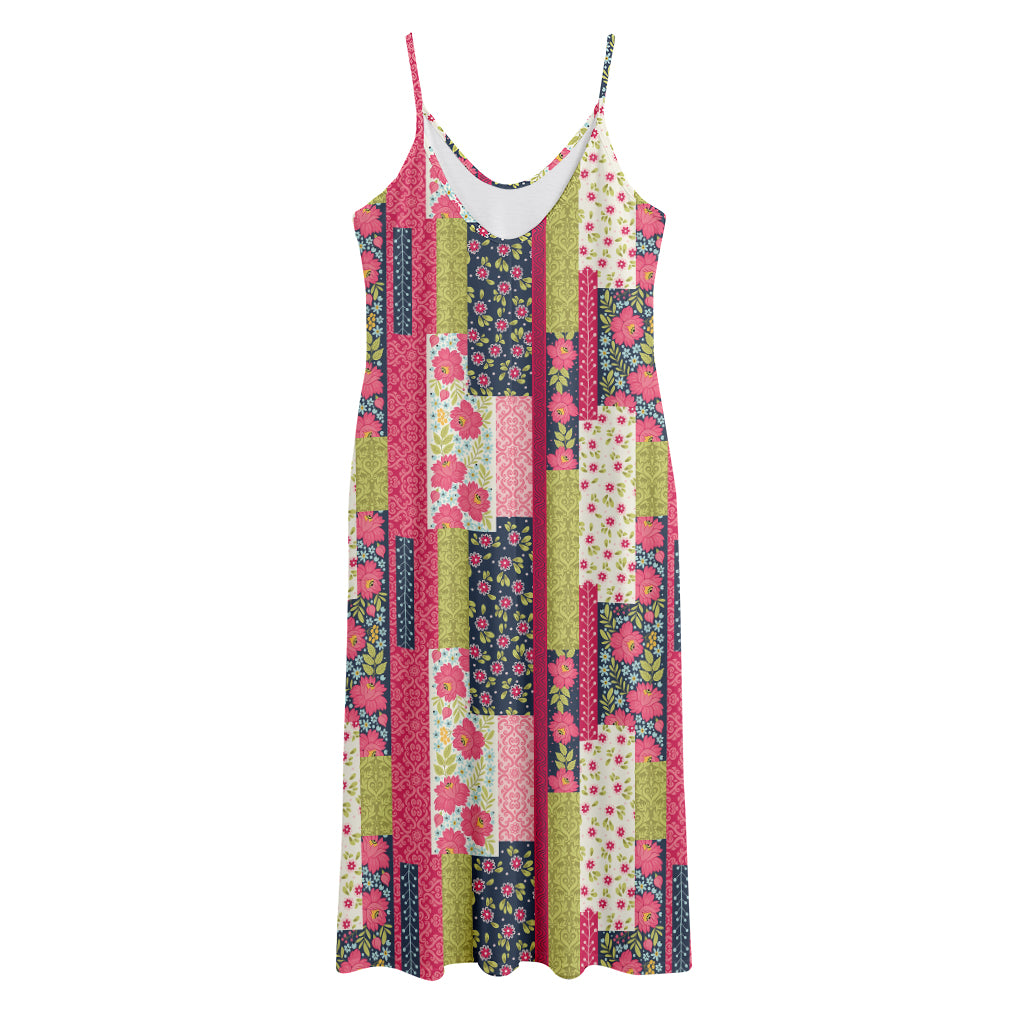 Pink Flower Patchwork Pattern Print Jersey Midi Cami Dress