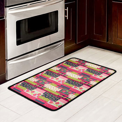 Pink Flower Patchwork Pattern Print Kitchen Mat