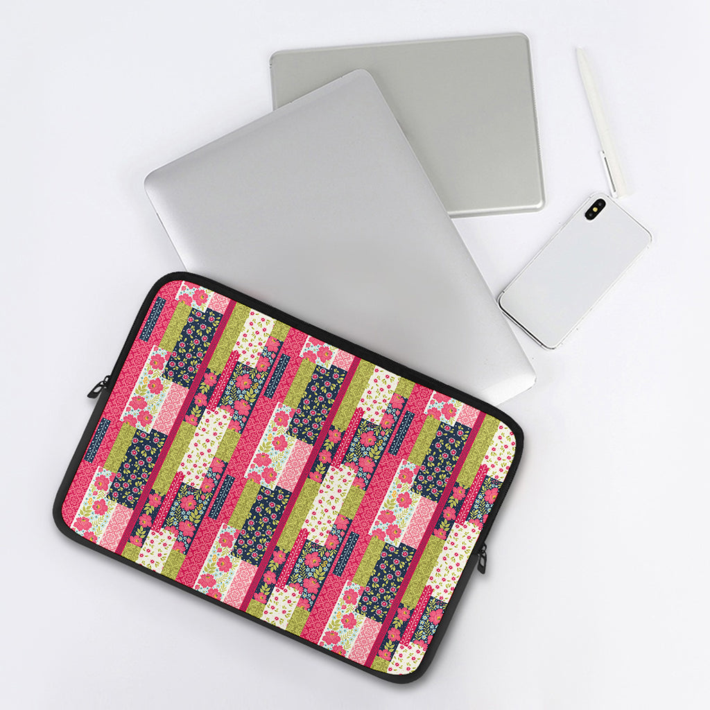 Pink Flower Patchwork Pattern Print Laptop Sleeve