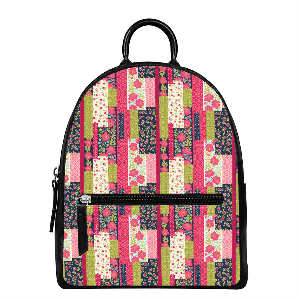 Pink Flower Patchwork Pattern Print Leather Backpack