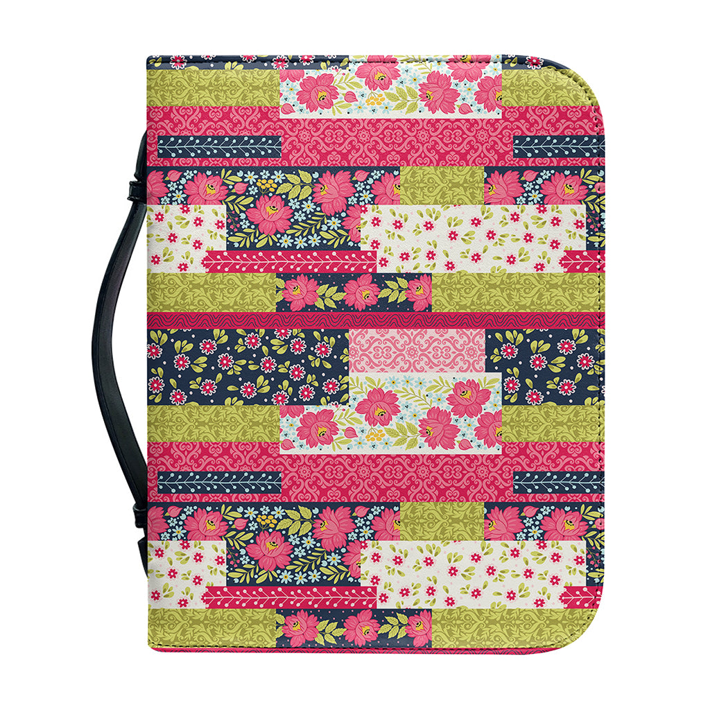 Pink Flower Patchwork Pattern Print Leather Bible Cover