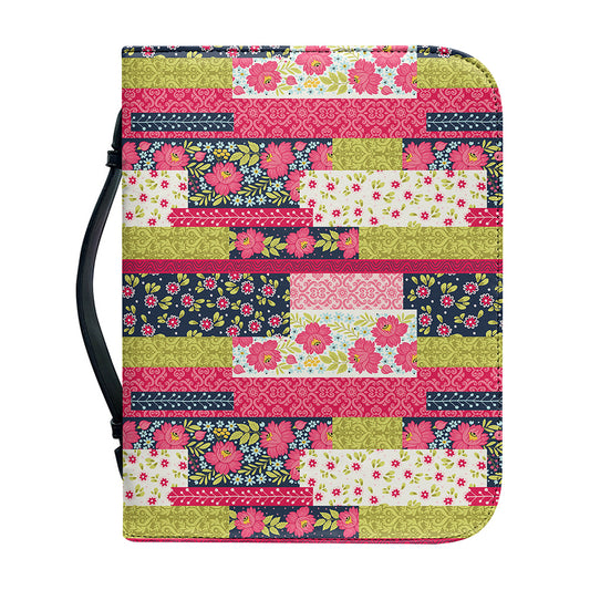 Pink Flower Patchwork Pattern Print Leather Bible Cover